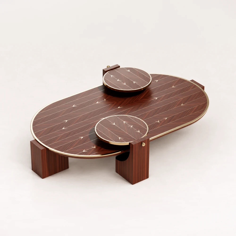 CT02 Coffee Table from the X Collection by Eva Szumilas in reddish wood, with a rounded elongated top, two circular platforms and pale linear arrow inlays.